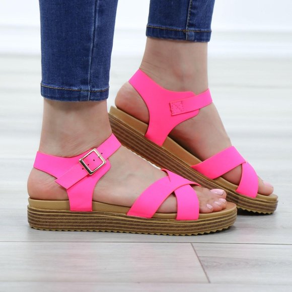 Shoes - Neon Pink Strappy Comfort Sandals Faux Nubuck